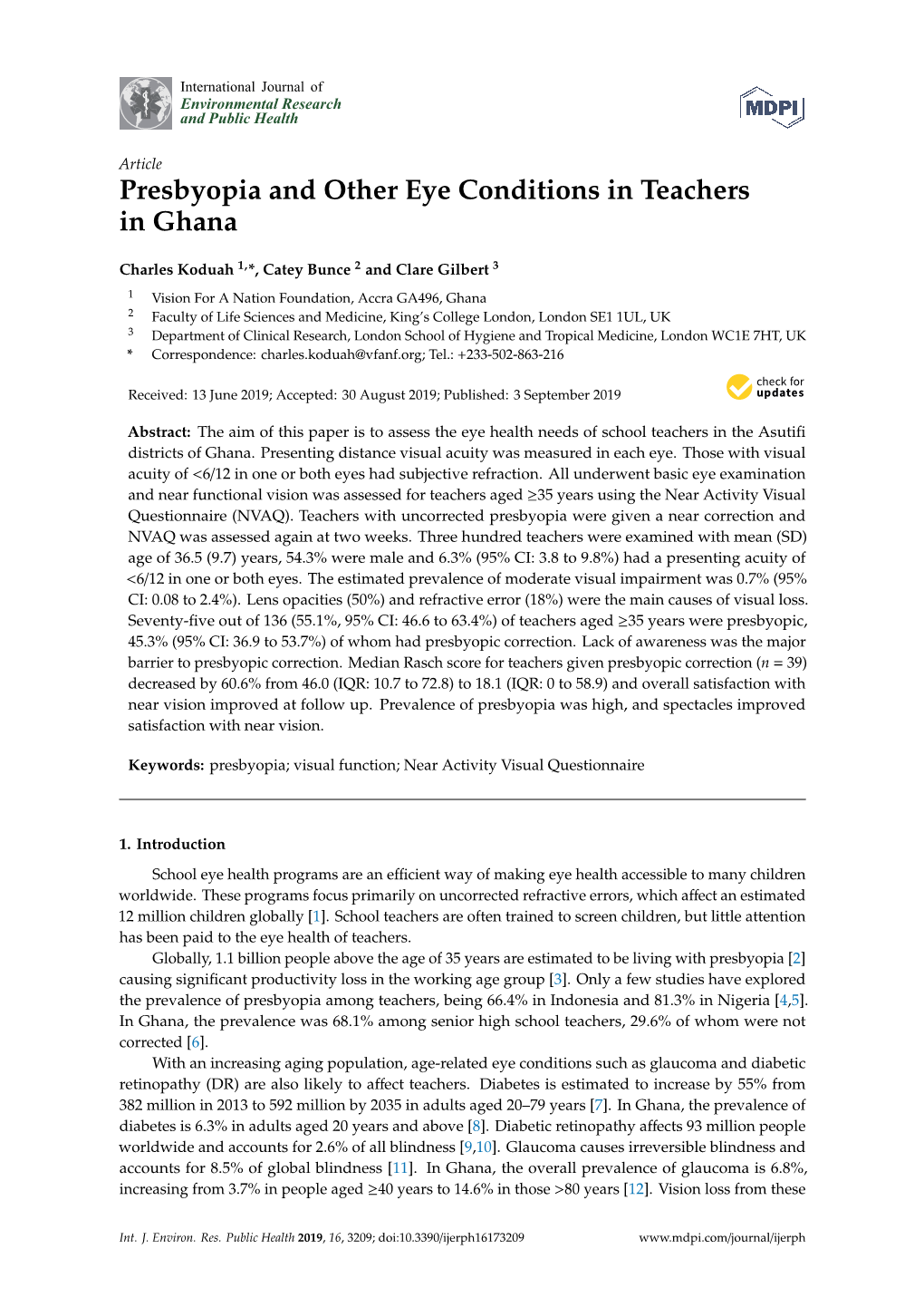 Presbyopia and Other Eye Conditions in Teachers in Ghana