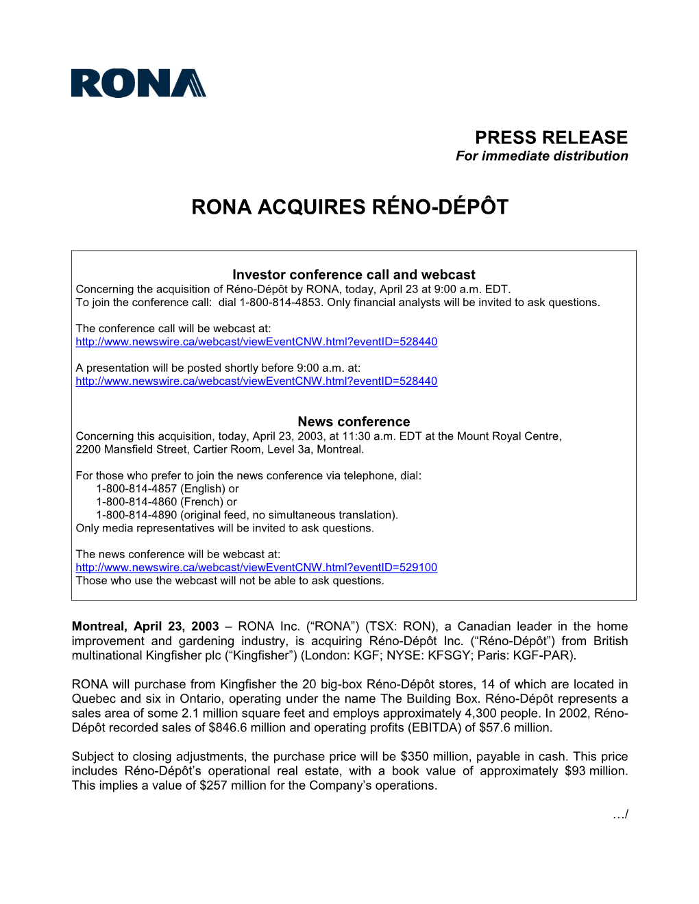 Rona Acquires Réno-Dépôt