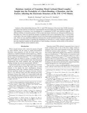 Database Analysis of Transition Metal Carbonyl Bond Lengths