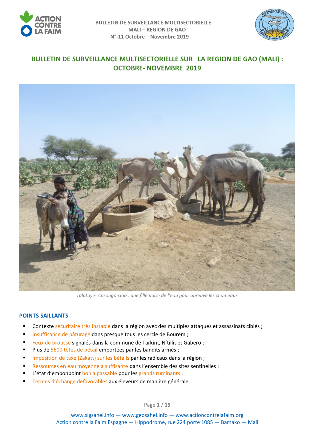 Bulletin De Surveillance Multisectorielle Sur La Region De Gao (Mali) : Octobre- Novembre 2019