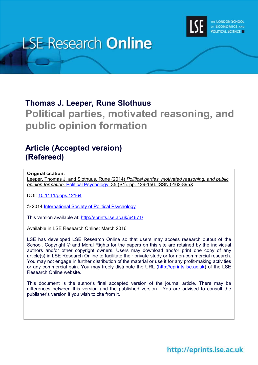 Political Parties, Motivated Reasoning, and Public Opinion Formation