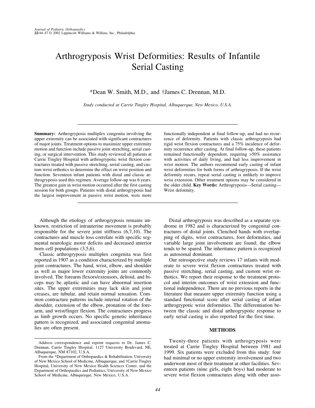 Arthrogryposis Wrist Deformities: Results of Infantile Serial Casting