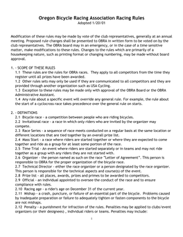 Oregon Bicycle Racing Association Racing Rules Adopted 1/20/01