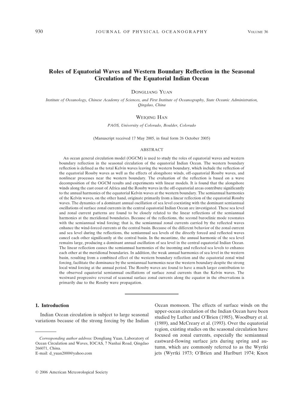 Roles of Equatorial Waves and Western Boundary Reflection in the Seasonal Circulation of the Equatorial Indian Ocean