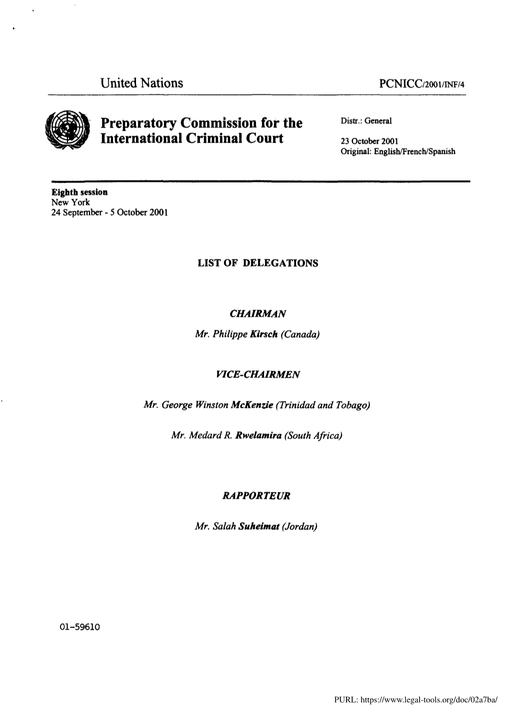 Preparatory Commission for the International Criminal Court Pursuant to Para&Of* 7 of Genend Assembly Resolution 53/105 of 8