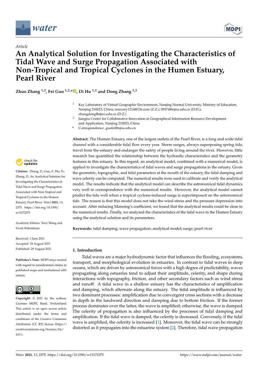 An Analytical Solution for Investigating the Characteristics of Tidal Wave