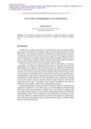 Valuation and Discrete Valuation Rings, Scientific Research of the Institute of Mathematics and Computer Science, 2011, Volume 10, Issue 1, Pages 61-70