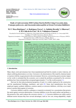 Study of Anti-Corrosion 1018 Carbon Steel in H2SO4 Using Crescentia Alata, Crataegus Pubescens, and Jacaranda Mimosaefolia As Green Corrosion Inhibitors