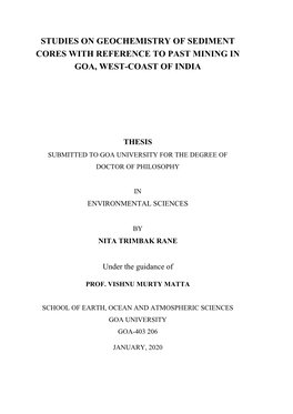 Studies on Geochemistry of Sediment Cores with Reference to Past Mining in Goa, West-Coast of India