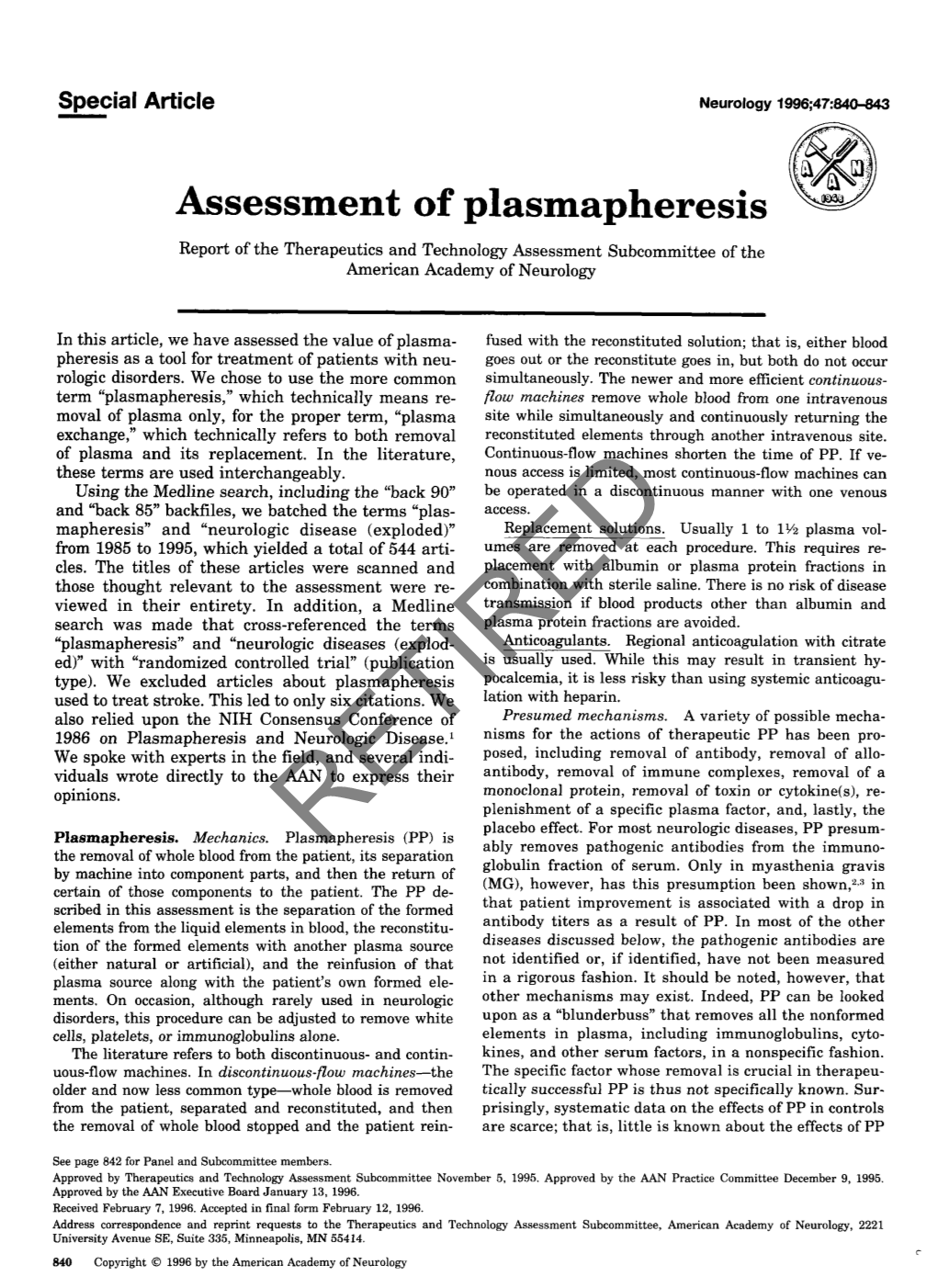 Assessment of Plasmapheresis [RETIRED] Neurology 1996;47;840-843 DOI 10.1212/WNL.47.3.840