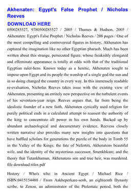 Akhenaten: Egypt's False Prophet / Nicholas Reeves