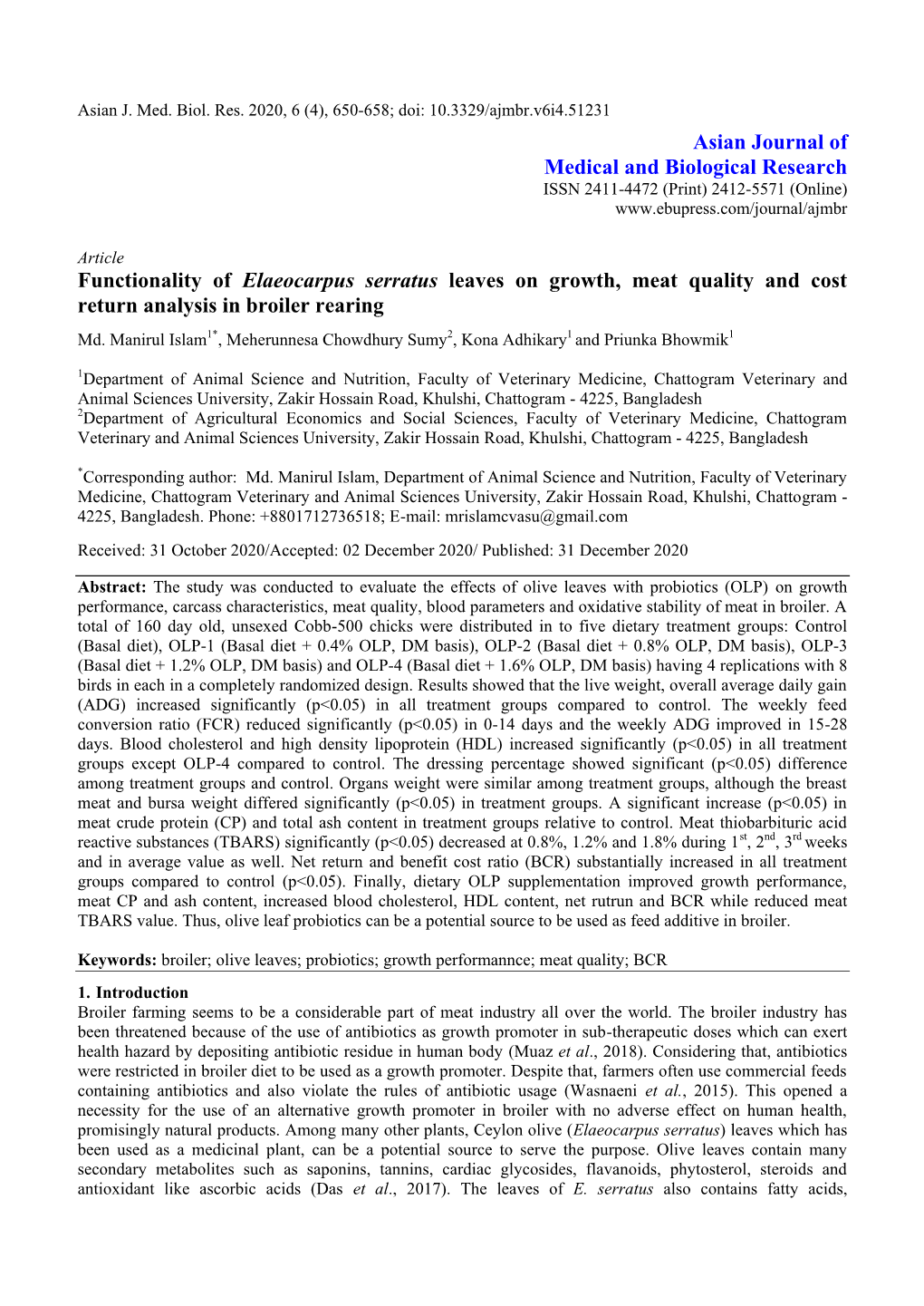 Asian Journal of Medical and Biological Research Functionality of Elaeocarpus Serratus Leaves on Growth, Meat Quality and Cost R