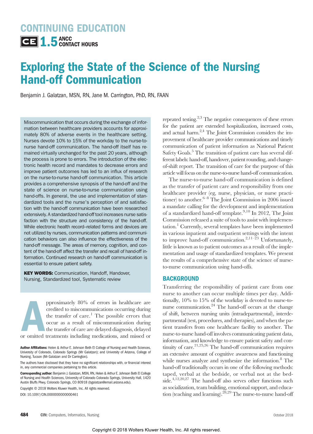 Exploring the State of the Science of the Nursing Hand-Off Communication