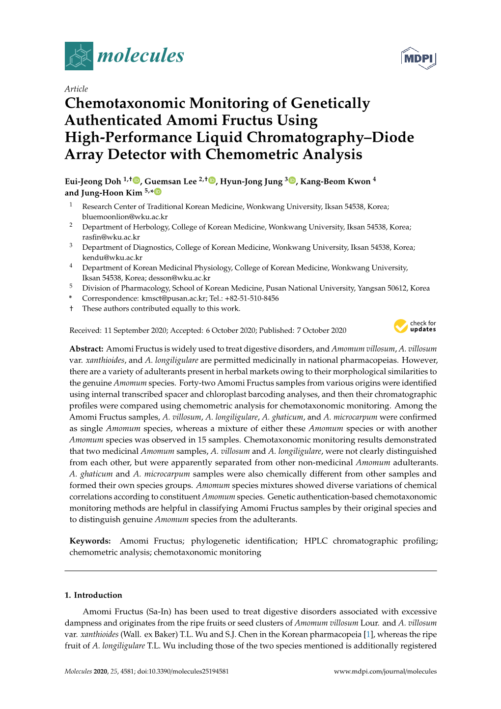 Chemotaxonomic Monitoring of Genetically Authenticated Amomi Fructus Using High-Performance Liquid Chromatography–Diode Array Detector with Chemometric Analysis