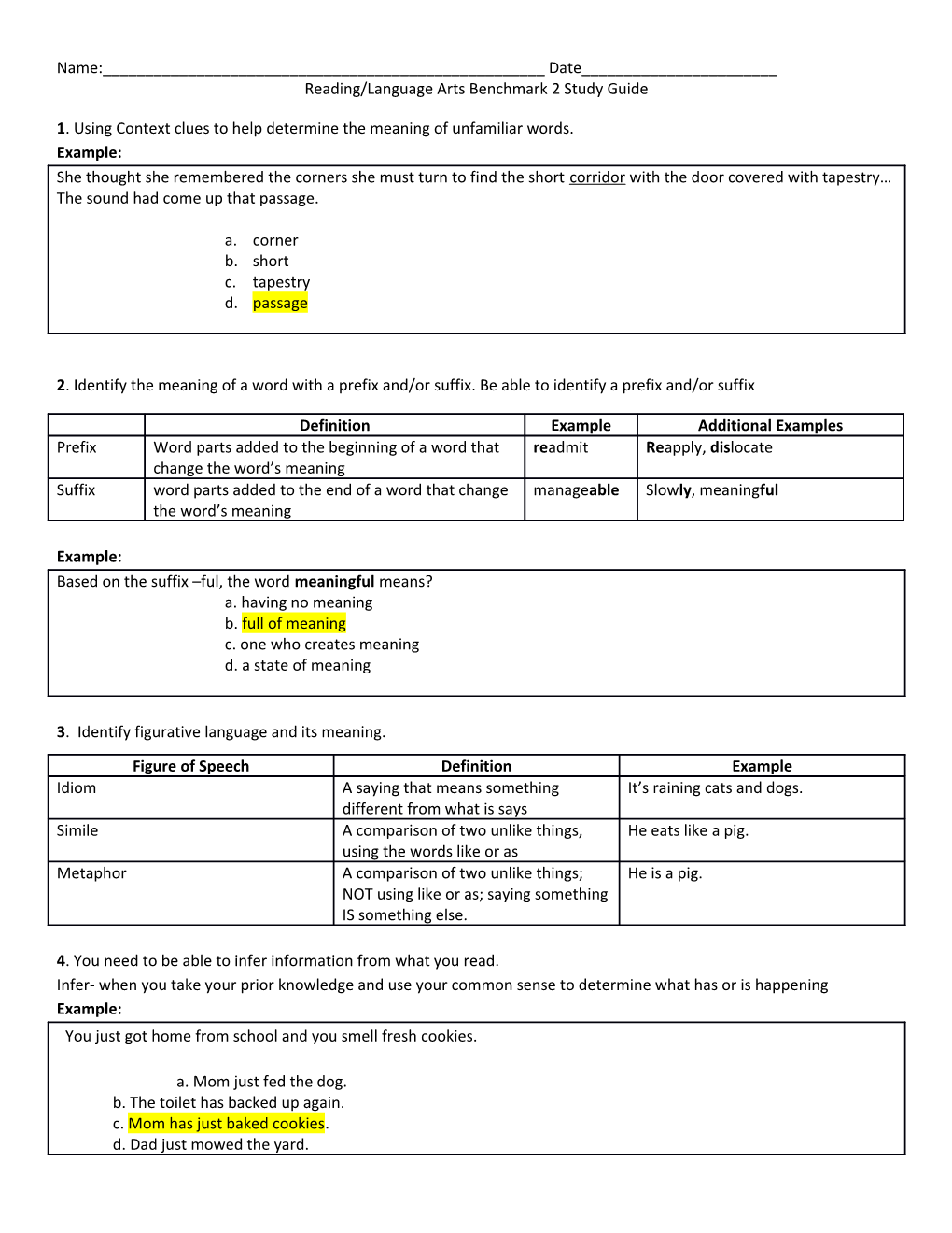 Reading/Language Arts Benchmark 2 Study Guide