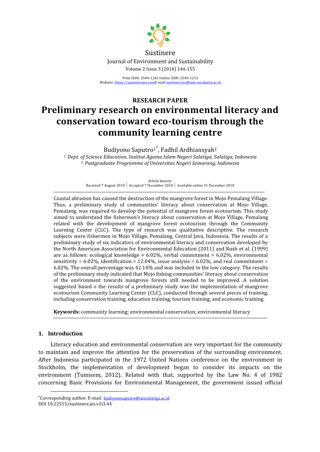 Preliminary Research on Environmental Literacy and Conservation Toward Eco-Tourism Through the Community Learning Centre