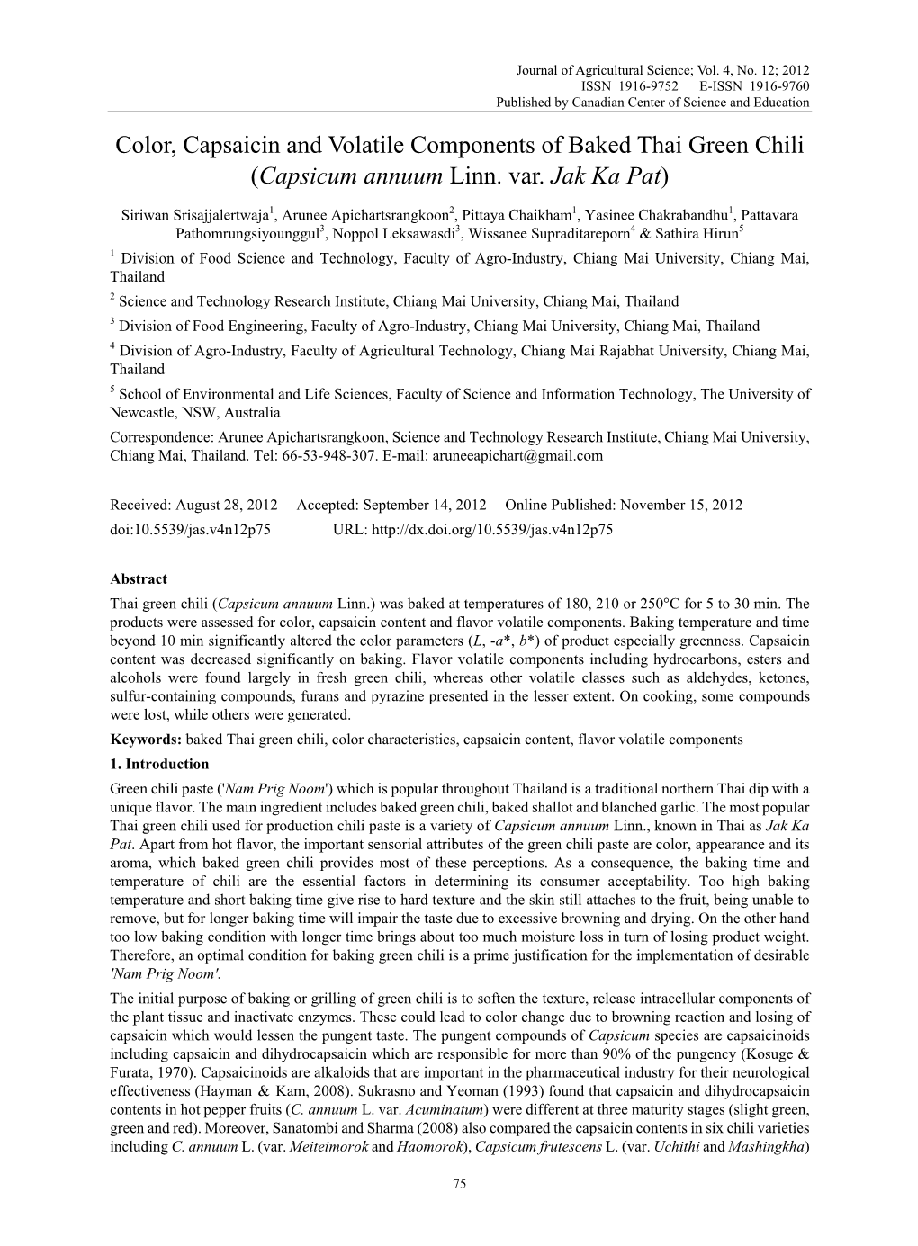 Color, Capsaicin and Volatile Components of Baked Thai Green Chili (Capsicum Annuum Linn