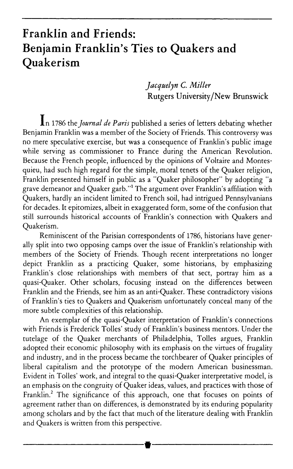 Franklin and Friends: Benjamin Franklin's Ties to Quakers and Quakerism