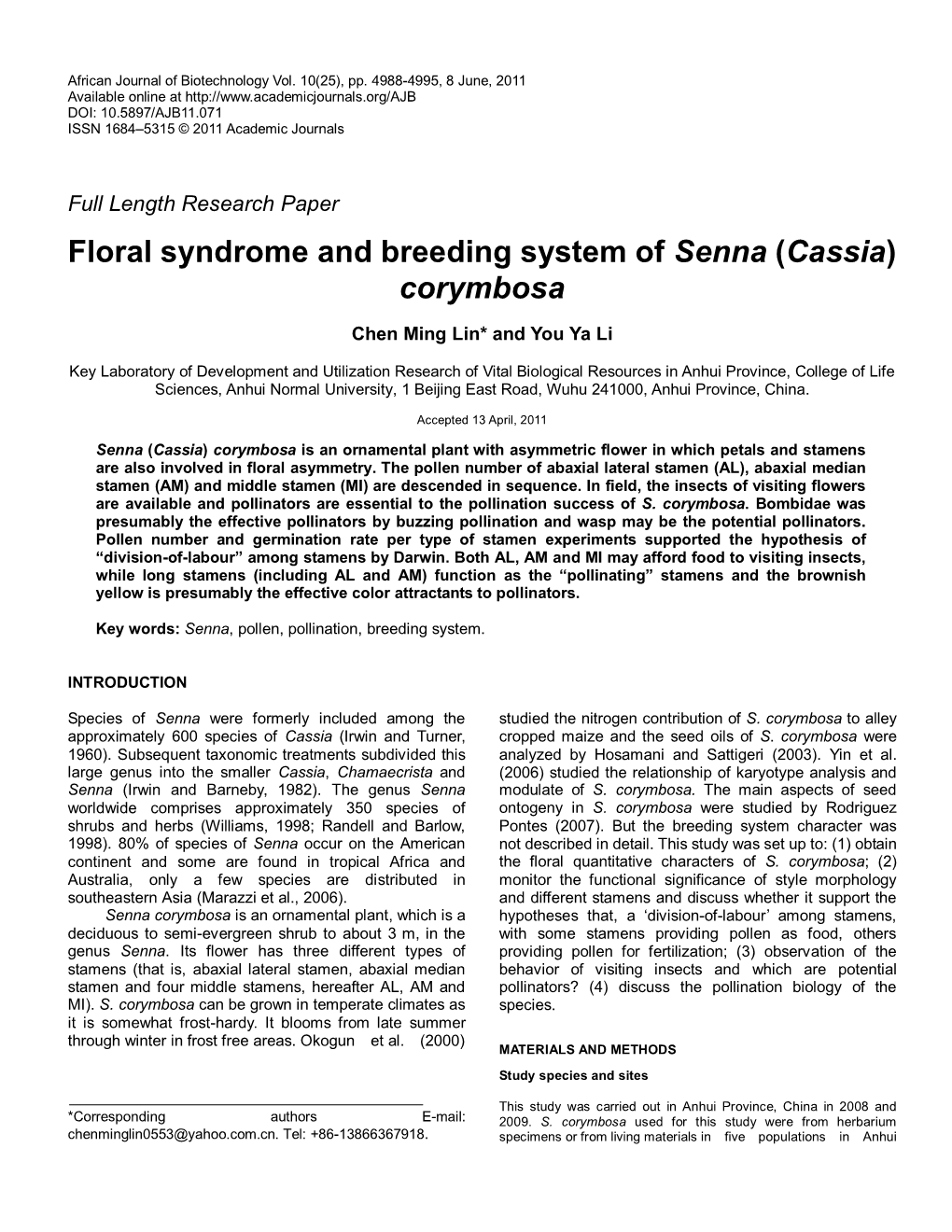 Floral Syndrome and Breeding System of Senna (Cassia) Corymbosa