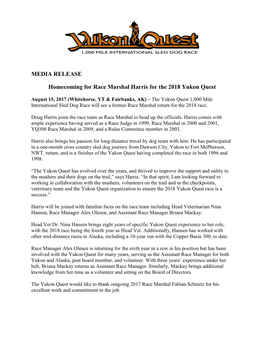 MEDIA RELEASE Homecoming for Race Marshal