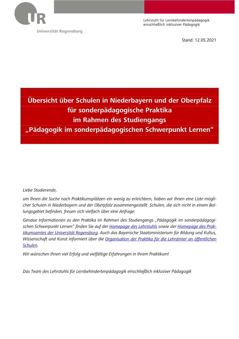 Übersicht Über Schulen in Niederbayern Und Der Oberpfalz Für