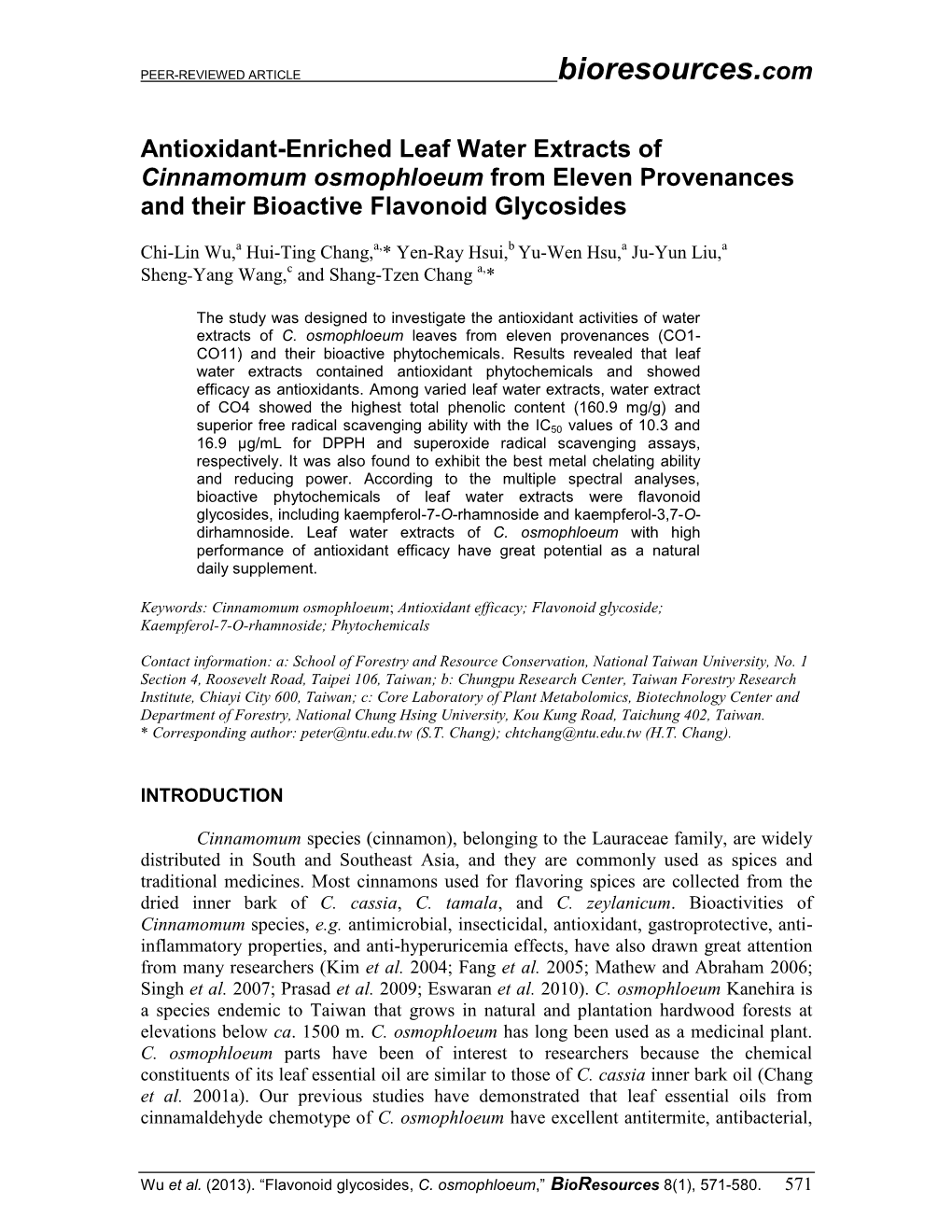 Antioxidant-Enriched Leaf Water Extracts of Cinnamomum Osmophloeum from Eleven Provenances and Their Bioactive Flavonoid Glycosides