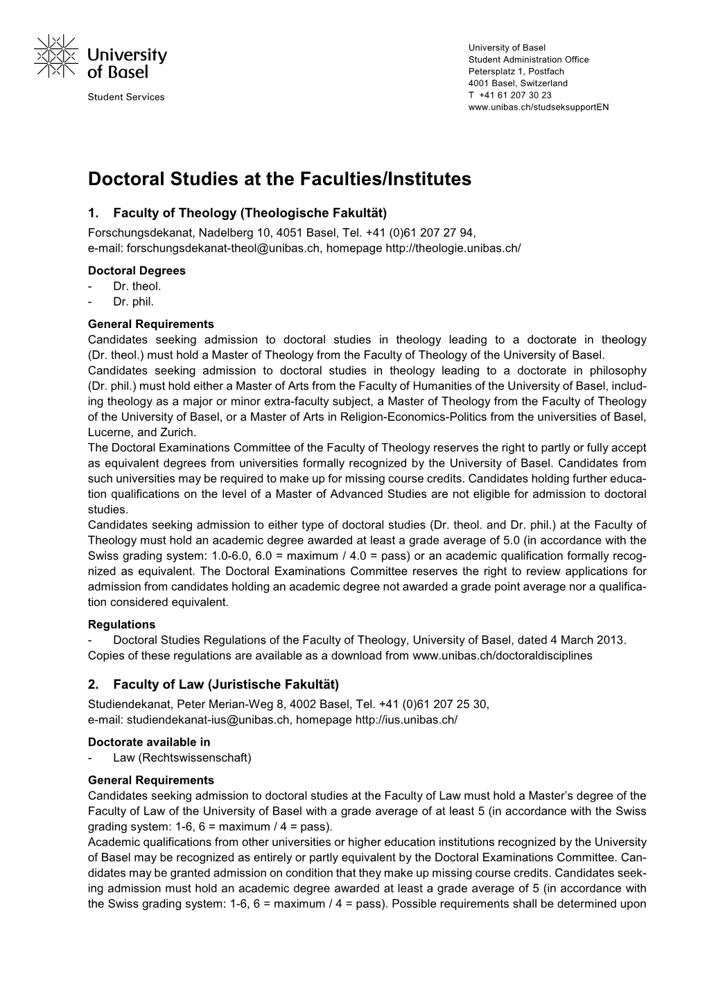 Doctoral Studies at the Faculties/Institutes