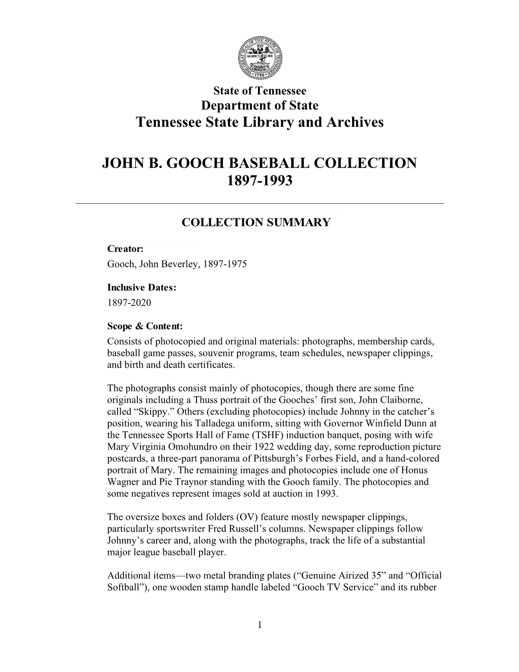 Tennessee State Library and Archives JOHN B. GOOCH BASEBALL