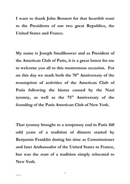 American Club of Paris President Joseph Smallhoover's Remarks