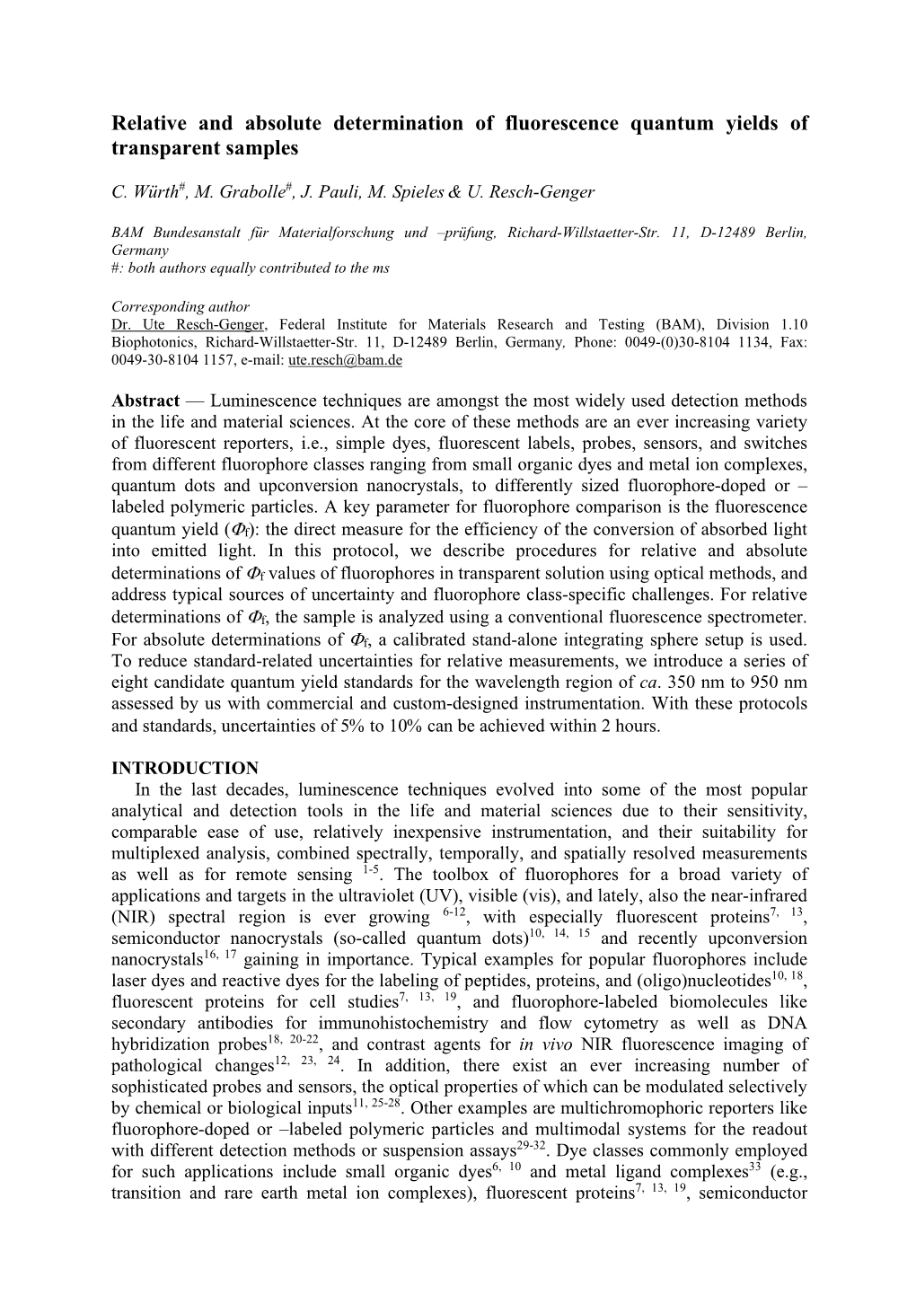 Relative and Absolute Determination of Fluorescence Quantum Yields of Transparent Samples