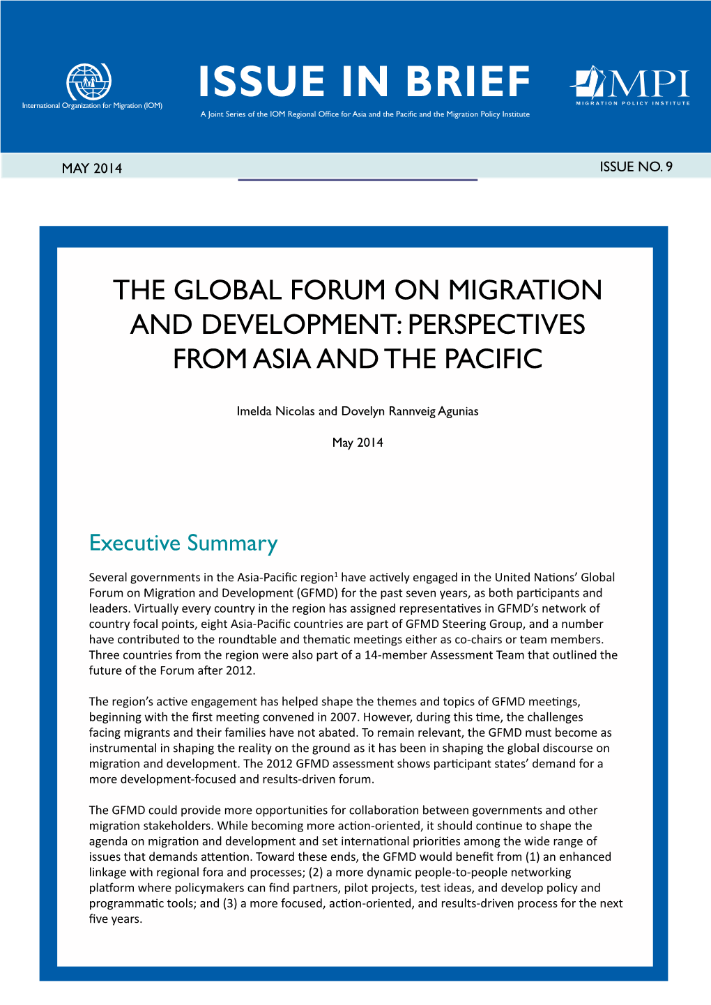 Issue in Brief a Joint Series of the IOM Regional Office for Asia and the Pacific and the Migration Policy Institute