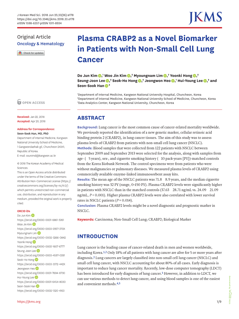 Plasma CRABP2 As a Novel Biomarker in Patients with Non