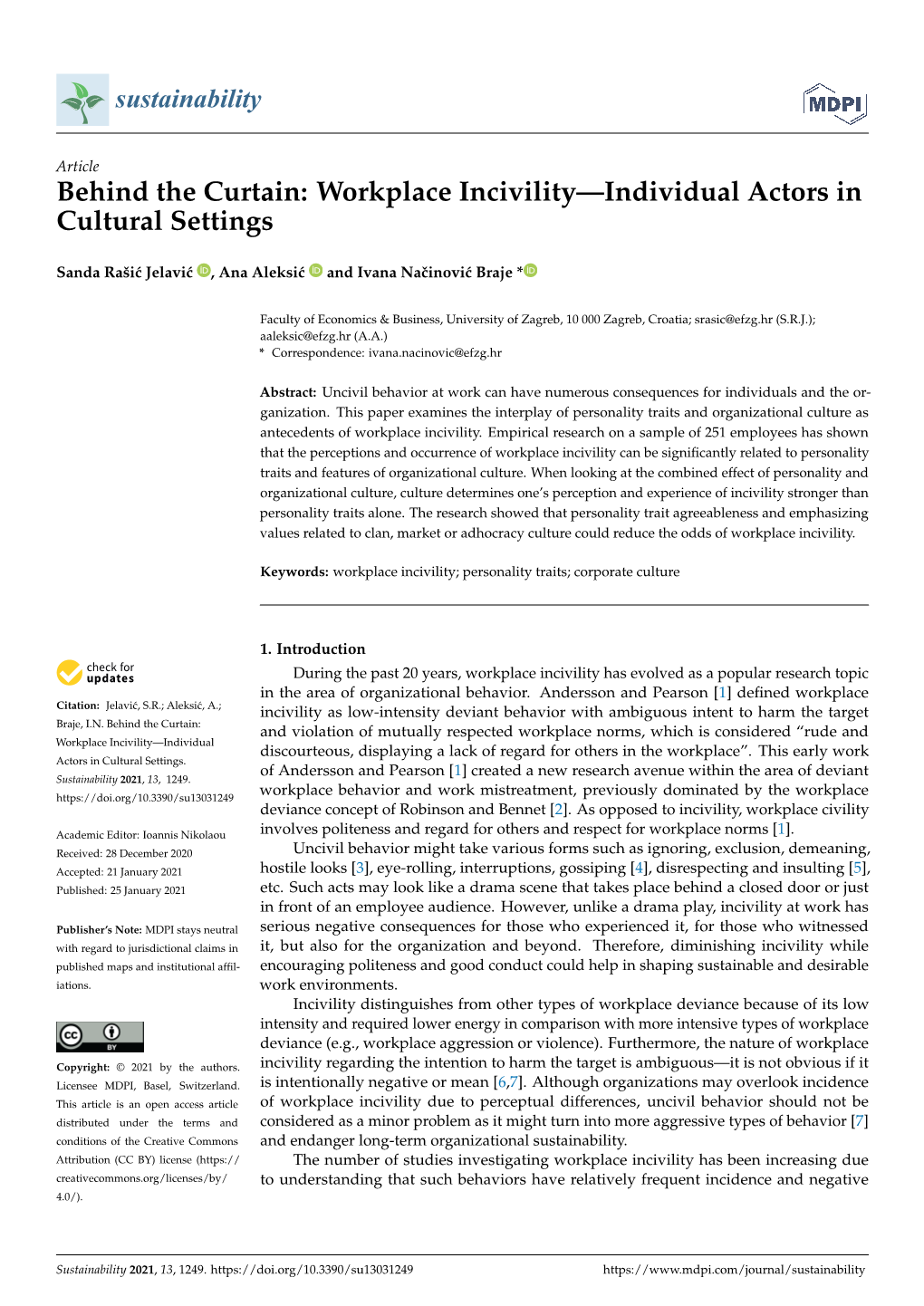 Workplace Incivility—Individual Actors in Cultural Settings