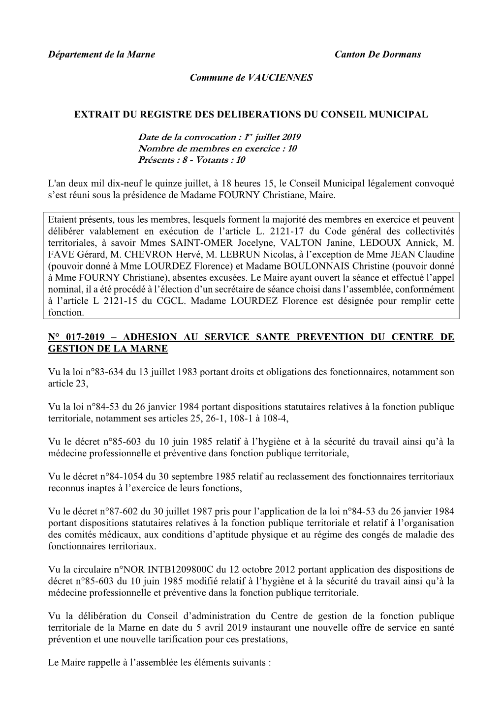 Département De La Marne Canton De Dormans Commune De VAUCIENNES EXTRAIT DU REGISTRE DES DELIBERATIONS DU CONSEIL MUNICIPAL