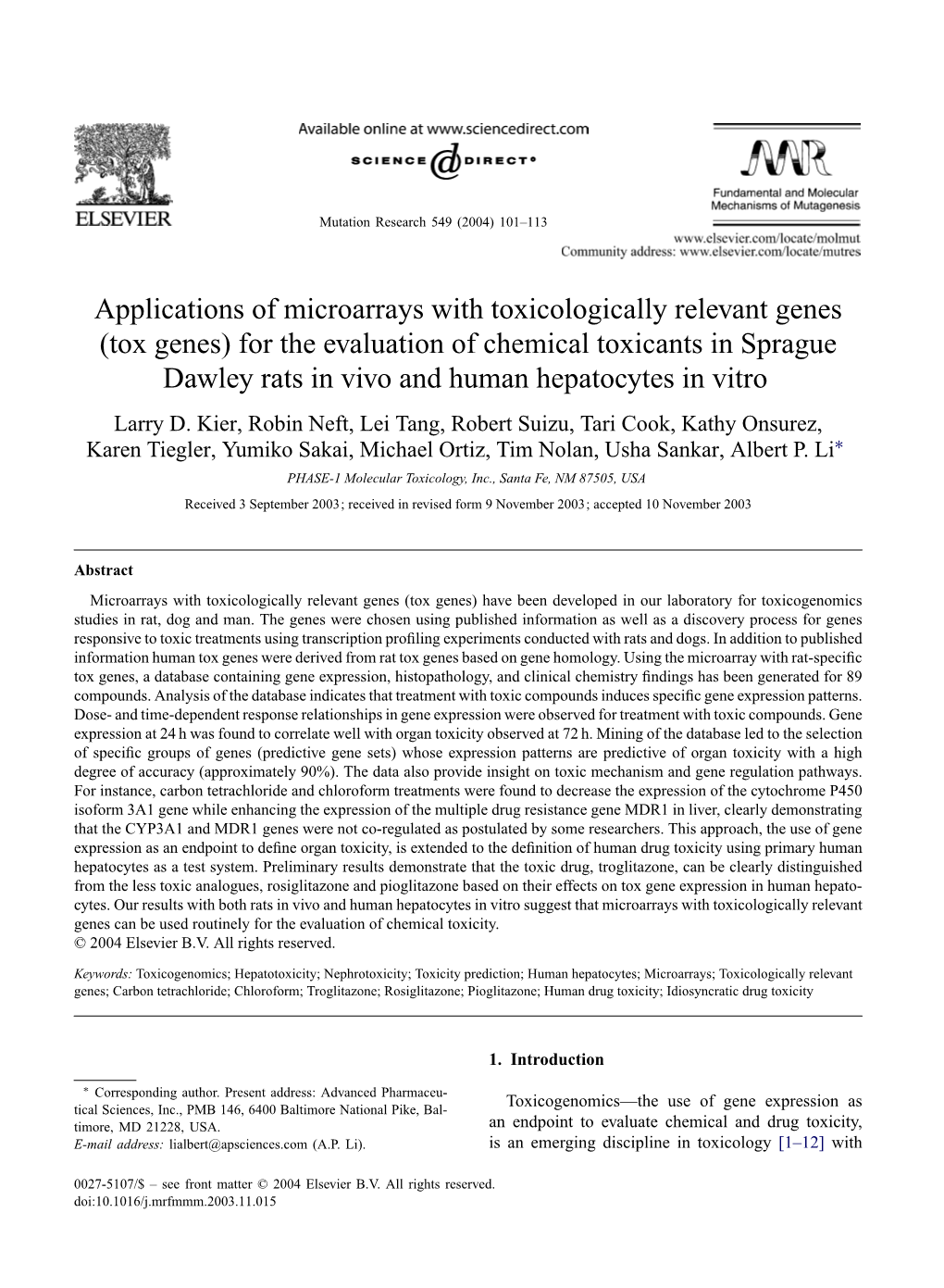 Applications of Microarrays with Toxicologically Relevant Genes (Tox