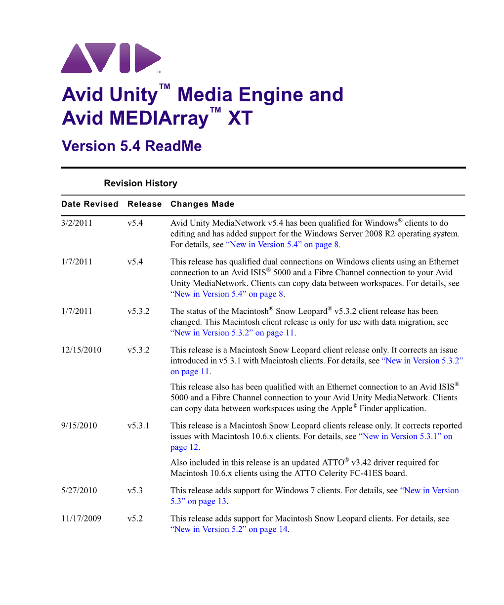 Avid Unity Media Engine and Avid Mediarray XT V5.4 Readme