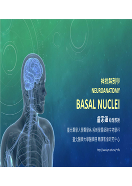 Basal Nuclei 盧家鋒 助理教授 臺北醫學大學醫學系 解剖學暨細胞生物學科 臺北醫學大學醫學院 轉譯影像研究中心