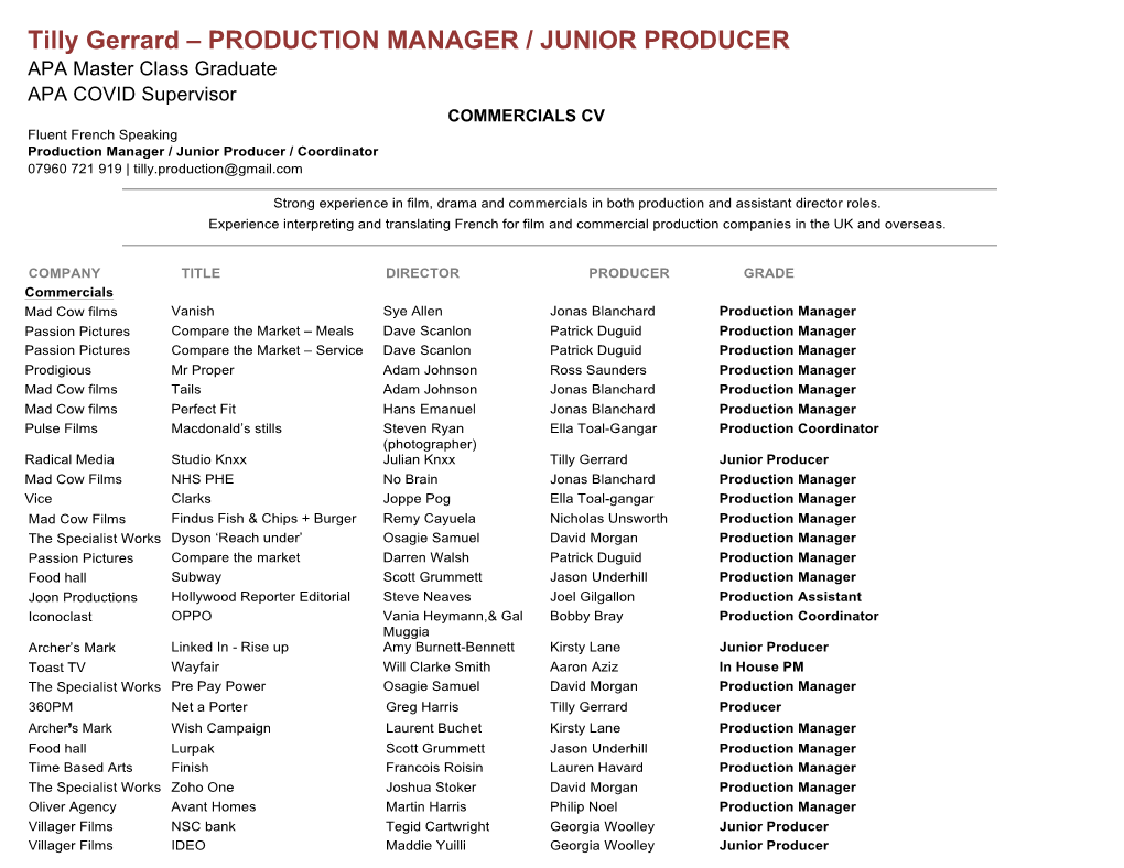 Tilly Gerrard – PRODUCTION MANAGER / JUNIOR PRODUCER