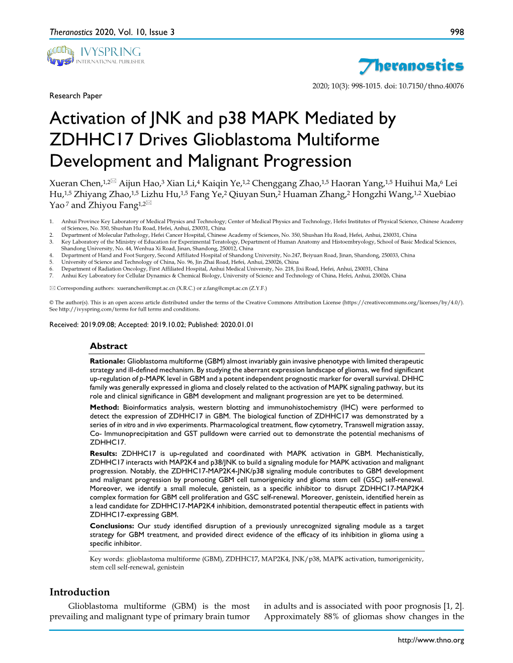 Theranostics Activation of JNK and P38 MAPK Mediated by ZDHHC17