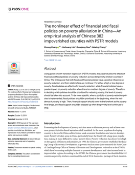 The Nonlinear Effect of Financial and Fiscal Policies on Poverty Alleviation in China—An Empirical Analysis of Chinese 382 Impoverished Counties with PSTR Models