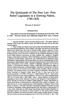 The Quicksands of the Poor Law: Poor Relief Legislation in a Growing Nation, 1790-1820