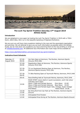 The Loch Tay Sprint Triathlon Saturday 17Th August 2019 Athlete Guide