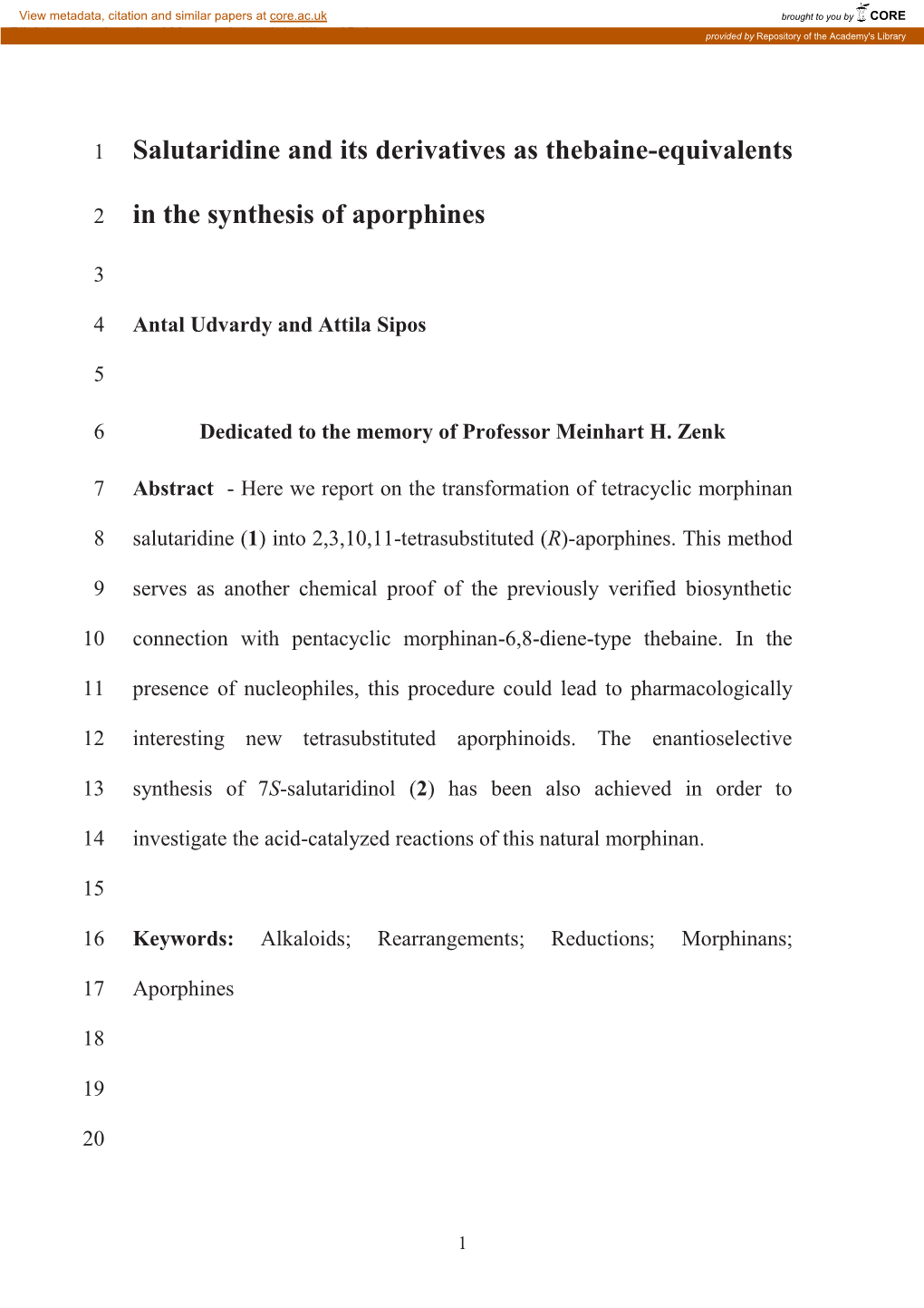 Salutaridine and Its Derivatives As Thebaine-Equivalents in the Synthesis of Aporphines