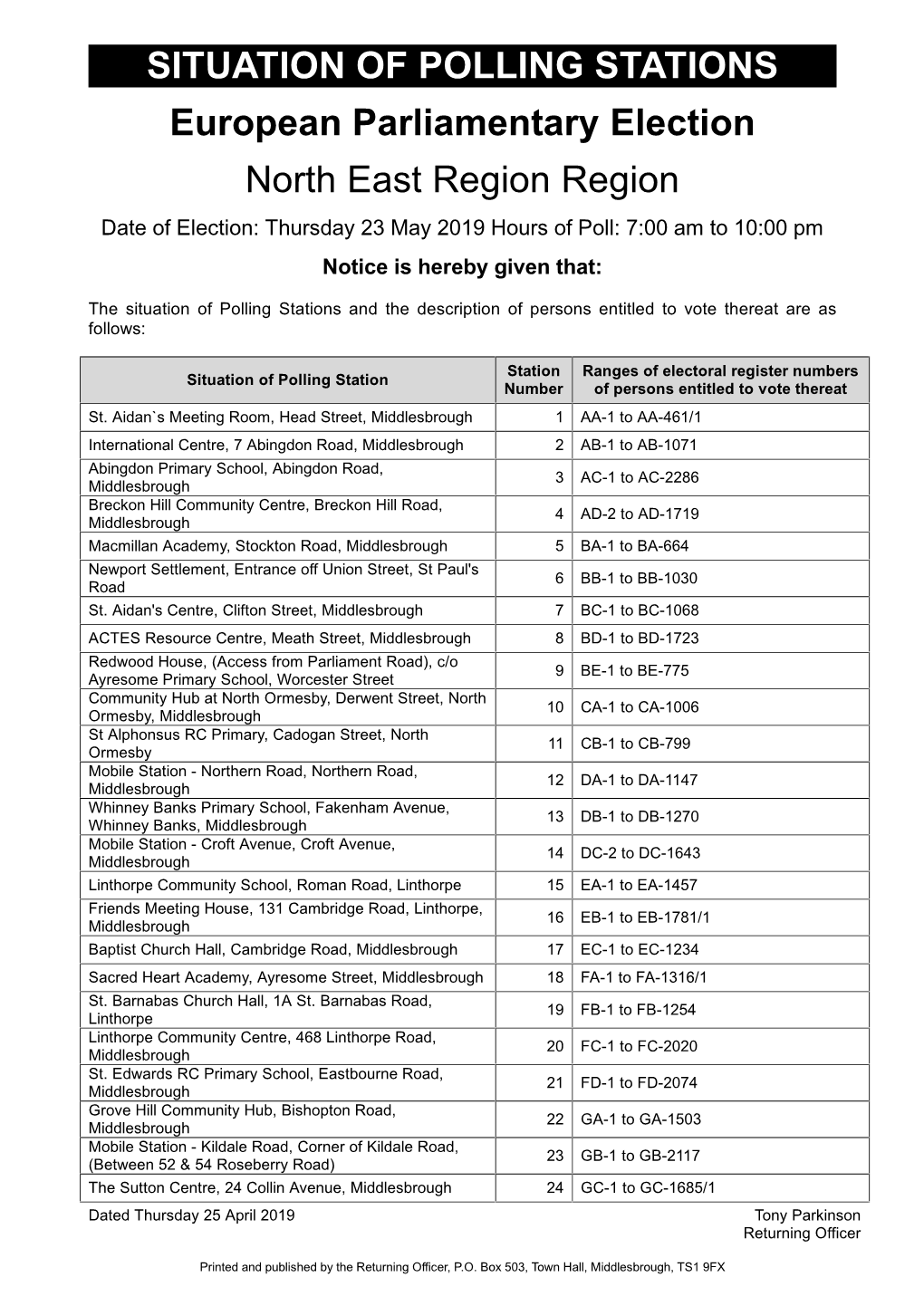 SITUATION of POLLING STATIONS European Parliamentary Election