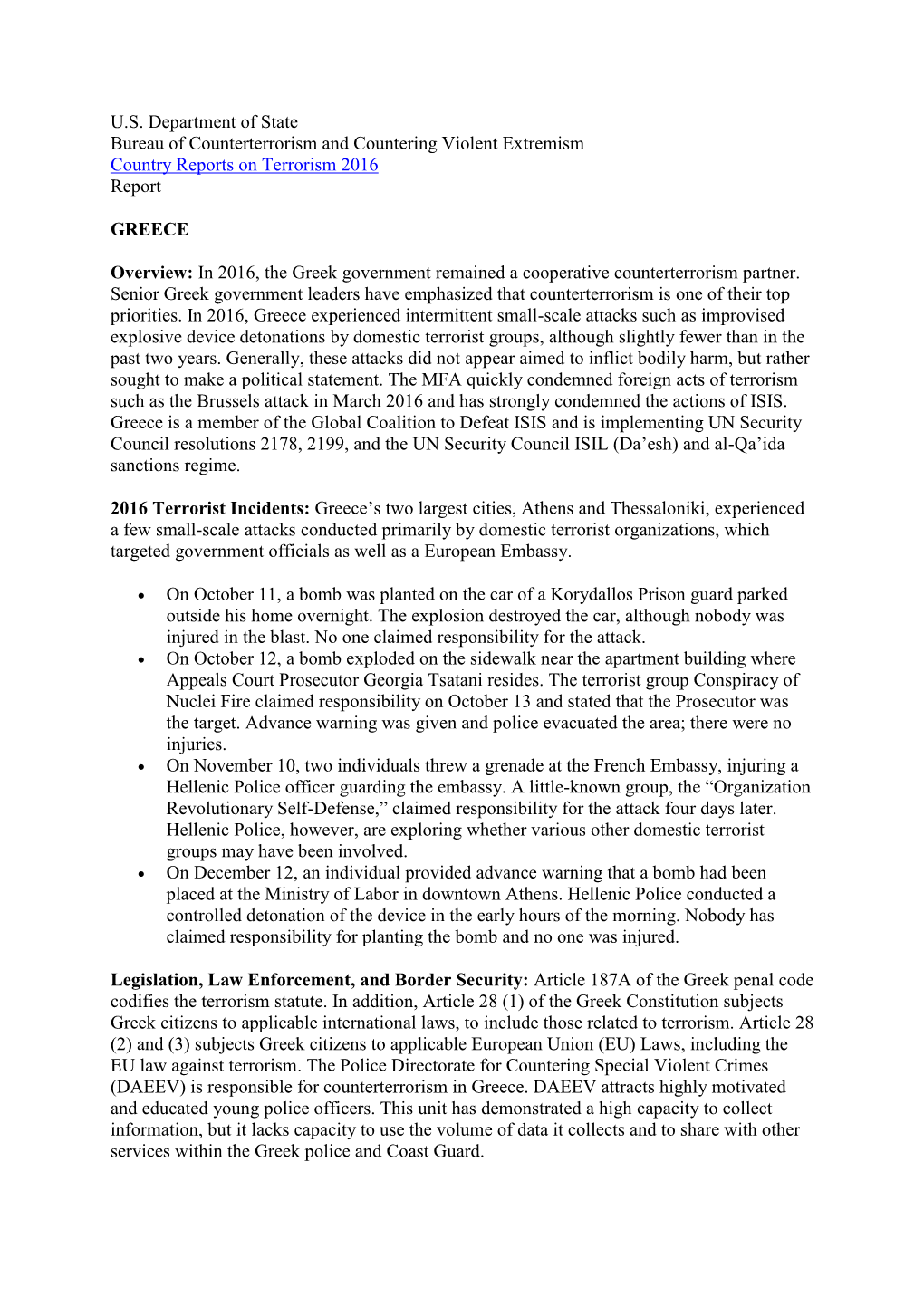 U.S. Department of State Bureau of Counterterrorism and Countering Violent Extremism Country Reports on Terrorism 2016 Report