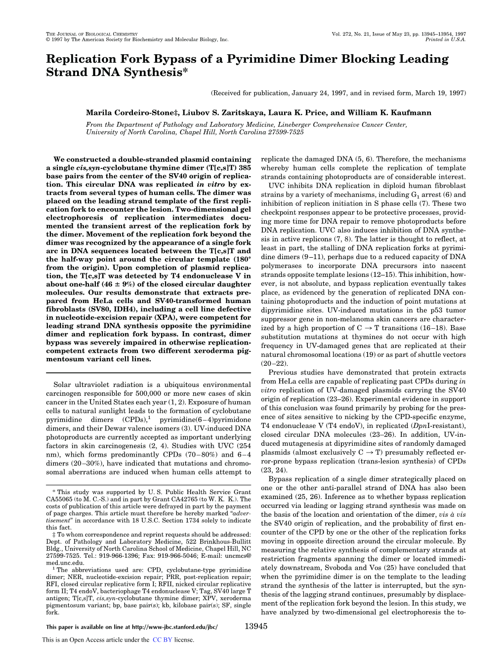 Replication Fork Bypass of a Pyrimidine Dimer Blocking Leading Strand DNA Synthesis*