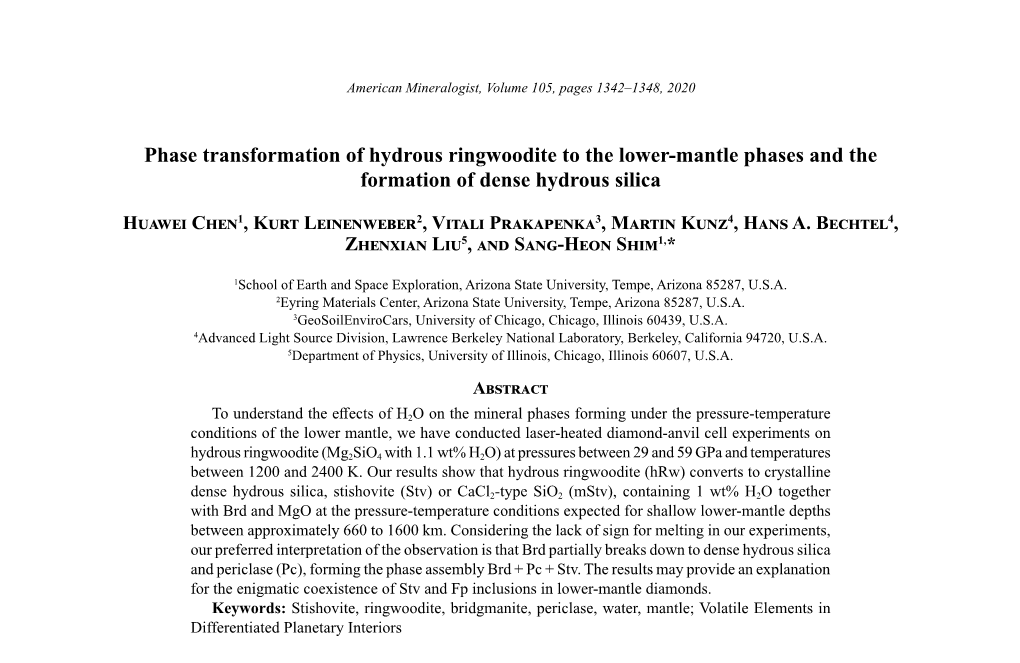 Phase Transformation of Hydrous Ringwoodite to the Lower-Mantle Phases and the Formation of Dense Hydrous Silica