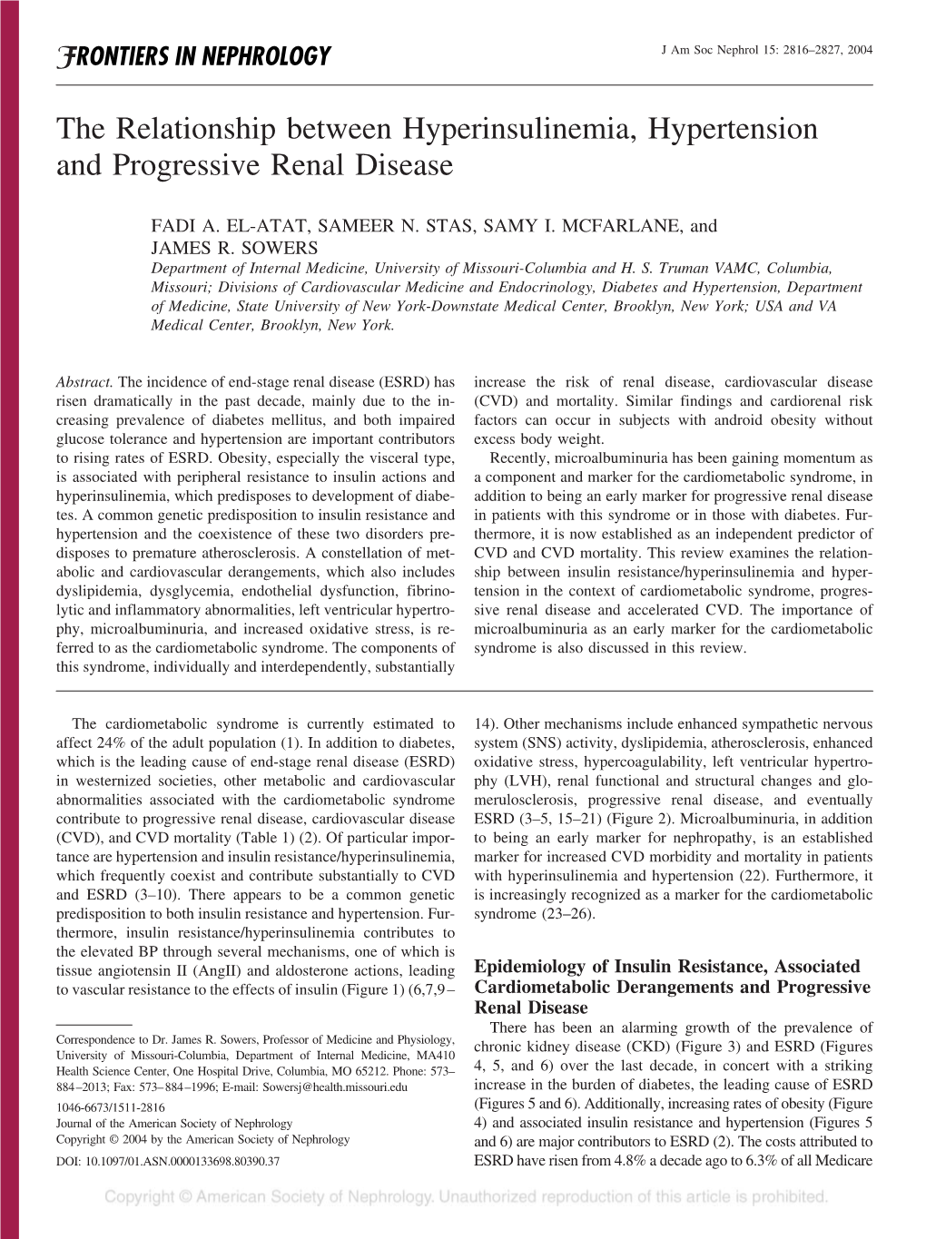 The Relationship Between Hyperinsulinemia, Hypertension and Progressive Renal Disease