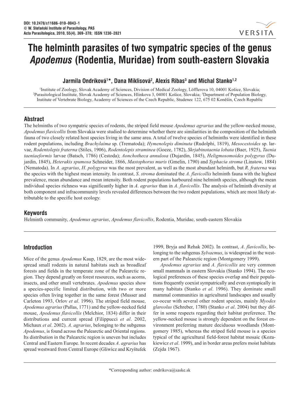 The Helminth Parasites of Two Sympatric Species of the Genus Apodemus (Rodentia, Muridae) from South-Eastern Slovakia