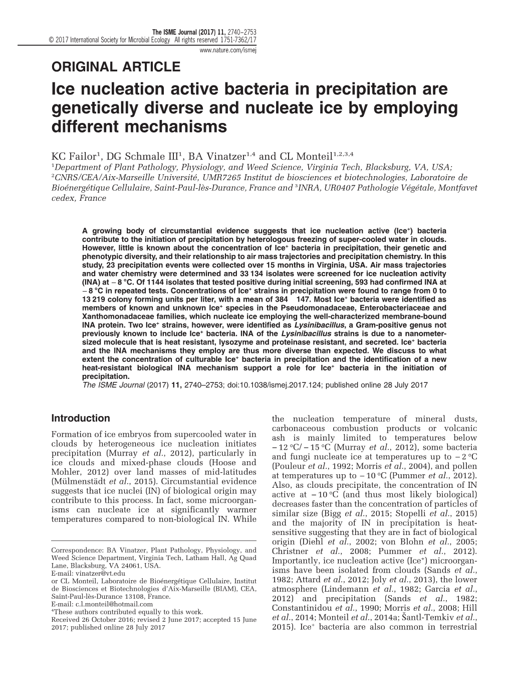 Ice Nucleation Active Bacteria in Precipitation Are Genetically Diverse and Nucleate Ice by Employing Different Mechanisms